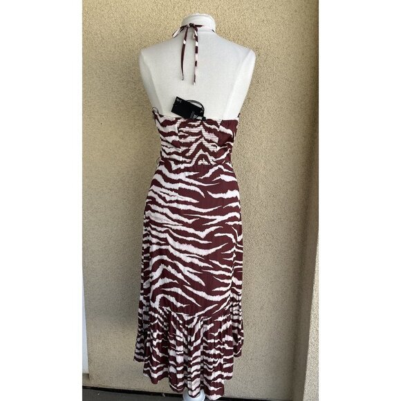 Paige Jade Cherrywood Cream Zebra printed halter ruffle hem midi dress Small - Picture 11 of 15